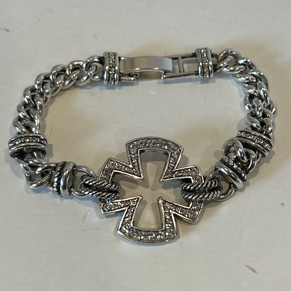 Brighton Maltese Cross Crystal Encrusted Silver Tone Chain Link Bracelet